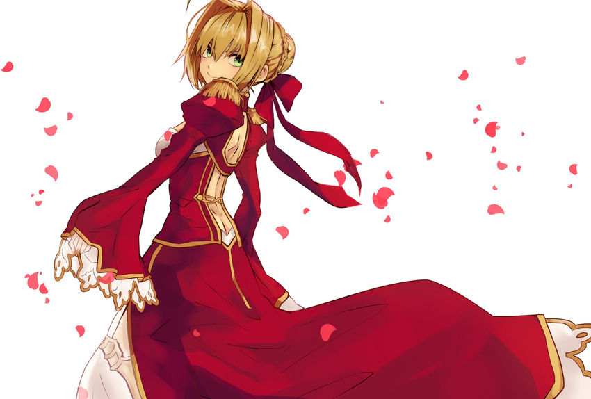 ahoge blonde_hair bow dress epaulettes fate/extra fate_(series) greatpengh green_eyes hair_bow highres long_hair looking_at_viewer nero_claudius_(fate) nero_claudius_(fate)_(all) petals red_bow red_dress simple_background smile solo white_background