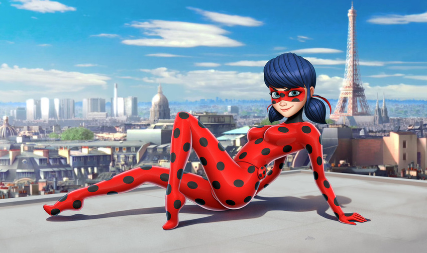 black_hair bodysuit domino_mask ladybug_(character) marinette_dupain-cheng miraculous_ladybug polka_dot skin_tight superhero twintails