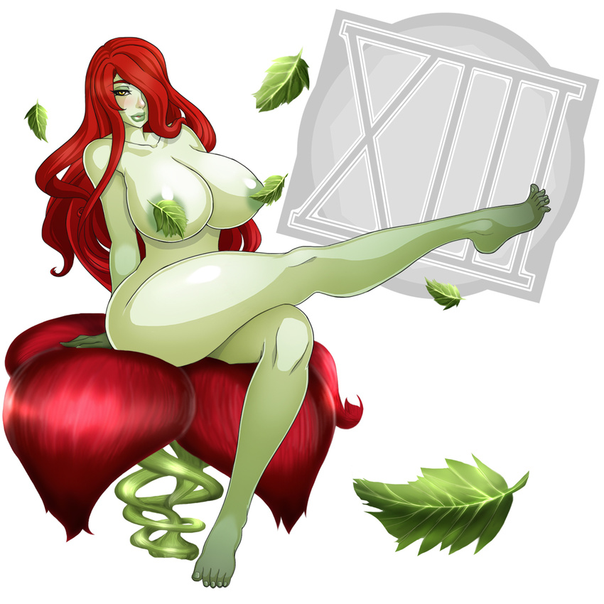 1_girl big_breasts breasts cleavage curly_hair curvy dc_comics flower green_lips green_skin huge_breasts large_breasts legs long_hair long_legs plant poison_ivy red_hair solo thighs voluptous wide_hips xiii yellow_eyes