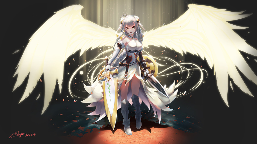 2016 armor armored_boots boots brown_eyes dated detached_sleeves dual_wielding feathers gloves highres holding holding_sword holding_weapon light_valkyrie_(p&amp;d) long_hair looking_at_viewer puzzle_&amp;_dragons ranyu signature silver_hair solo sword valkyrie_(p&amp;d) weapon white_gloves wings