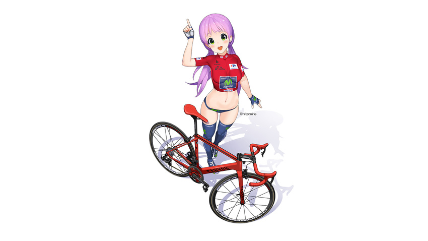bicycle breasts cleavage hitomi_kazuya purple_hair skintight thighhighs twintails white