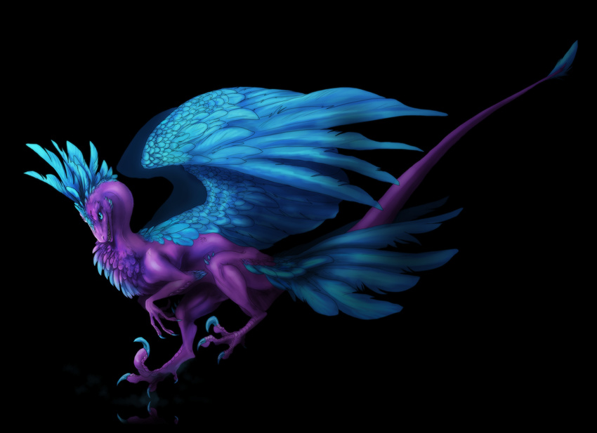 ambiguous_gender black_background blue_eyes blue_feathers claws digital_media_(artwork) dragon feathered_dragon feathered_wings feathers feral isvoc nude simple_background solo wings