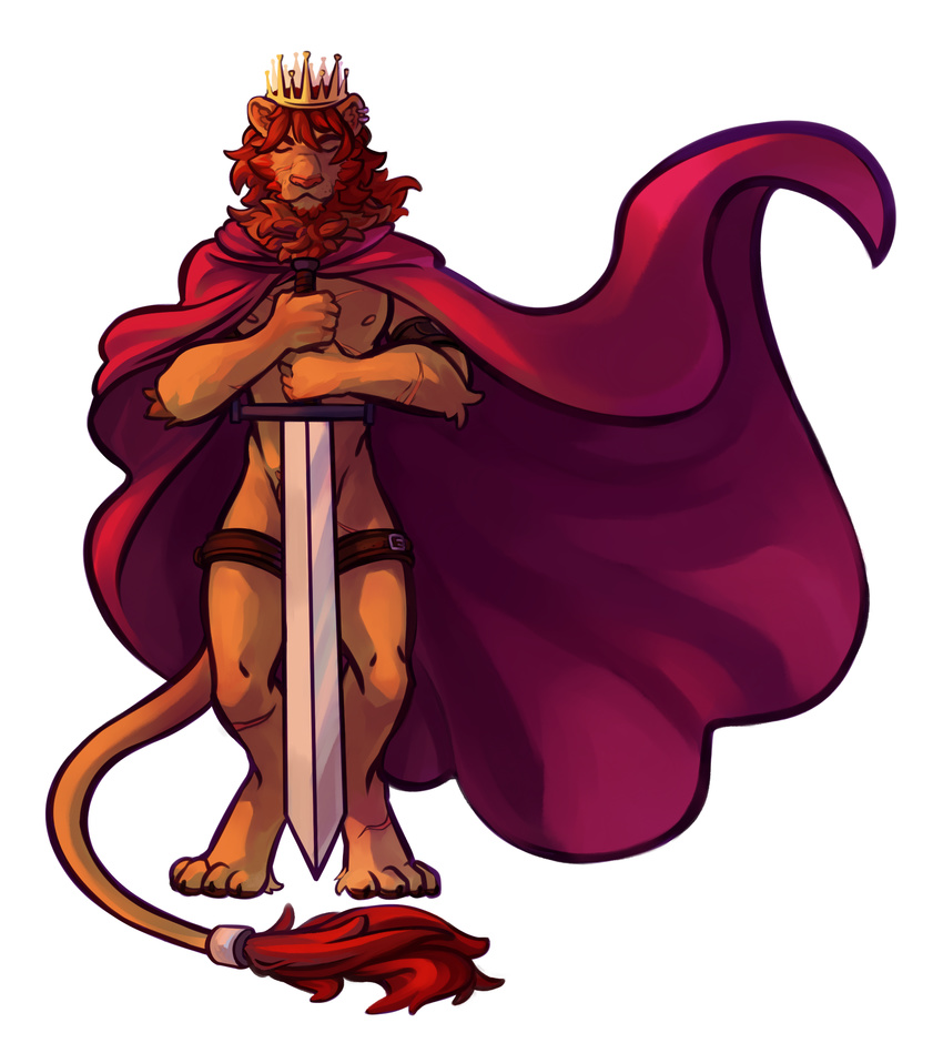 2016 abs anthro athletic biceps brown_fur cape clothing crown digital_media_(artwork) feline fur hair hi_res holding_object holding_weapon lion male mammal melee_weapon muscular nipples nude pecs sieg simple_background solo standing sword weapon