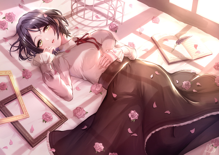 absurdres aikurushii_(idolmaster) bangs birdcage black_hair black_legwear book breasts cage flower hayami_kanade highres idolmaster idolmaster_cinderella_girls idolmaster_cinderella_girls_starlight_stage ilo large_breasts long_sleeves looking_at_viewer lying on_back open_mouth pantyhose parted_bangs petals picture_frame quill rose rose_petals short_hair smile solo yellow_eyes