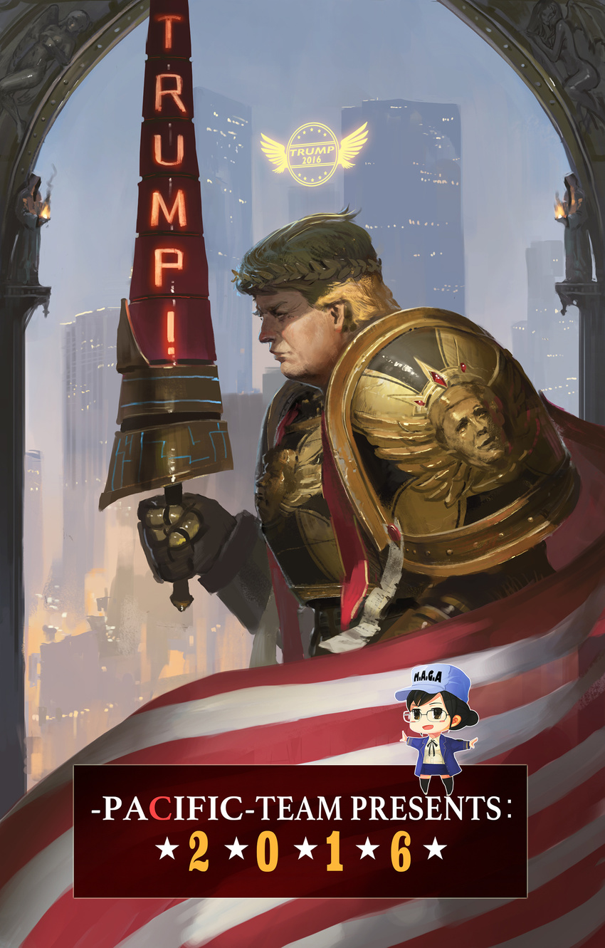 america american_flag armor bangs black_hair black_legwear black_ribbon blonde_hair blue_jacket blush blush_stickers building cape character_name chibi city city_lights closed_mouth clothes_writing column cosplay dated donald_trump dress_shirt ea_(fate/stay_night) emperor_of_mankind emperor_of_mankind_(cosplay) fate_(series) fire flag from_side gauntlets glasses gold gold_armor hair_bun hand_up hat highres holding holding_weapon jacket jeanex king knight laurel_crown laurels long_sleeves male_focus neck_ribbon nose open_clothes open_jacket open_mouth ornate ornate_armor outstretched_arms pacific pauldrons pillar polearm politician power_armor power_suit profile real_life realistic ribbon shield shirt shoulder_pads sky skyscraper spread_wings striped thighhighs torch uss_pennsylvania_(bb-38) warhammer_40k weapon white_shirt wings wreath yellow_wings