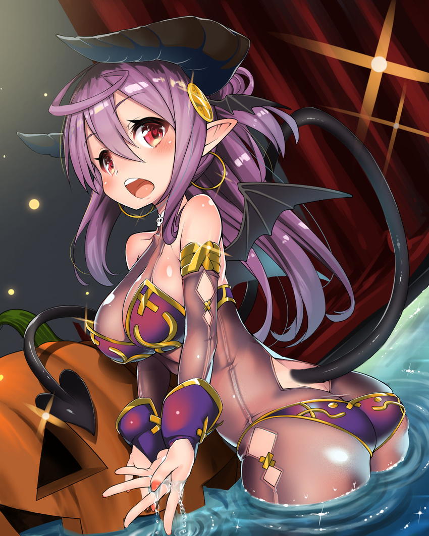 ahoge annual_succubus_(hobby) ass bare_shoulders bat_wings bikini blush bodysuit breasts cleavage commentary_request demon_girl demon_horns demon_tail demon_wings detached_sleeves earrings eyebrows eyebrows_visible_through_hair from_behind hair_ornament halloween highres hobby_(kento) horns jewelry large_breasts long_hair looking_at_viewer looking_back nail_polish open_mouth original pointy_ears ponytail purple_bikini purple_hair red_eyes round_teeth see-through sidelocks solo standing succubus swimsuit tail teeth wading water wings