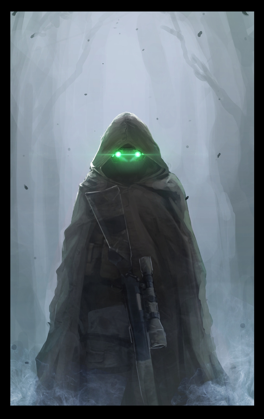 bare_tree bolt_action border fog glowing glowing_eyes gun highres hood leaf looking_at_viewer military military_uniform night_vision_device oota_youjo original poncho rifle scope sniper sniper_rifle tree uniform weapon
