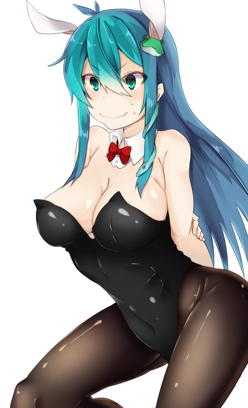 &gt;:) alternate_costume animal_ears aqua_eyes aqua_hair arms_behind_back bare_shoulders black_legwear black_leotard blush bow bowtie breasts bunny_ears bunny_girl bunnysuit cleavage closed_mouth commentary_request covered_navel cowboy_shot detached_collar forced_smile frog_hair_ornament hair_between_eyes hair_ornament highleg highleg_leotard highres hiiragi_ken kochiya_sanae large_breasts leaning_forward leotard long_hair pantyhose red_bow red_neckwear sidelocks smile snake_hair_ornament solo sweat touhou v-shaped_eyebrows white_background