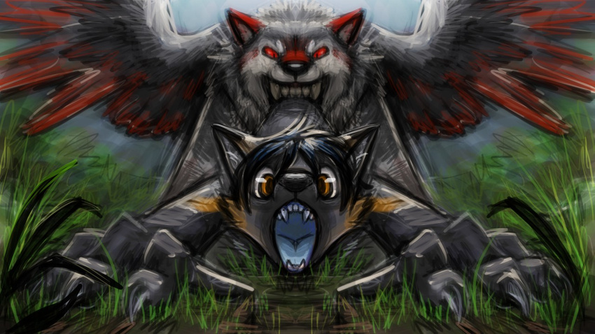 ambiguous_gender anthro canine claws duo feral forest fox fur glowing glowing_eyes hair hybrid male mammal oral_vore red_eyes swallowing teeth tree velociawesome vore wings wolf