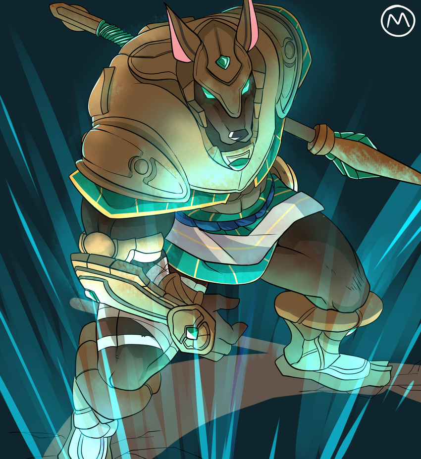 2016 3_toes 4_fingers abs absurd_res anthro anubian_jackal armor belt black_nose blue_background brown_fur canine clothed clothing colored empty_eyes fighting_stance full-length_portrait full-lengthj_portrait fur glowing glowing_eyes green_clothing green_eyes hi_res high-angle_view holding_object holding_weapon jackal league_of_legends light loincloth looking_at_viewer male mammal manly mayar melee_weapon midriff muscular muscular_male nasus_(lol) portrait quads shaded signature simple_background snout solo staff standing toes toony unconvincing_armor video_games weapon white_clothing yellow_clothing