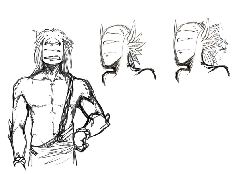 black_and_white clothed clothing eris_(soolossean) eyeless humanoid male monochrome multi_mouth multiple_images muscular muscular_male navel noseless not_furry simple_background sketch solo soolossean viddharta-joshua white_background
