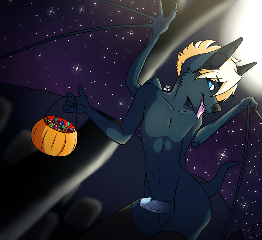 anthro balls bat bestfriendkarkat candy clothing erection food halloween holidays legwear male mammal moon moonlight multiple_versions nightswing nude open_mouth penis public solo star stockings teasing tongue tongue_out trick_or_treat wings