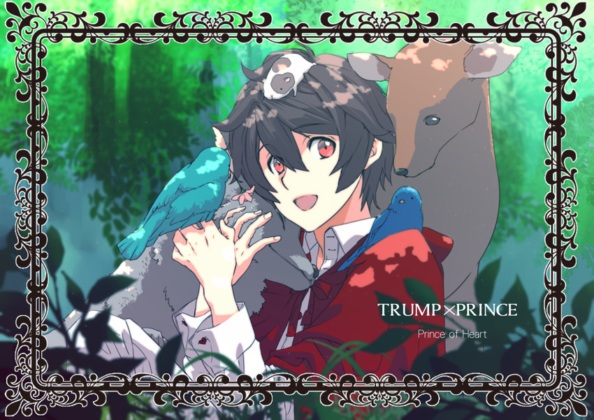 :d animal bird black_hair border cloak deer flower forest hair_between_eyes hamster hiyama_kiyoteru male_focus mouri nature open_mouth red_eyes smile tree upper_body vocaloid wolf younger