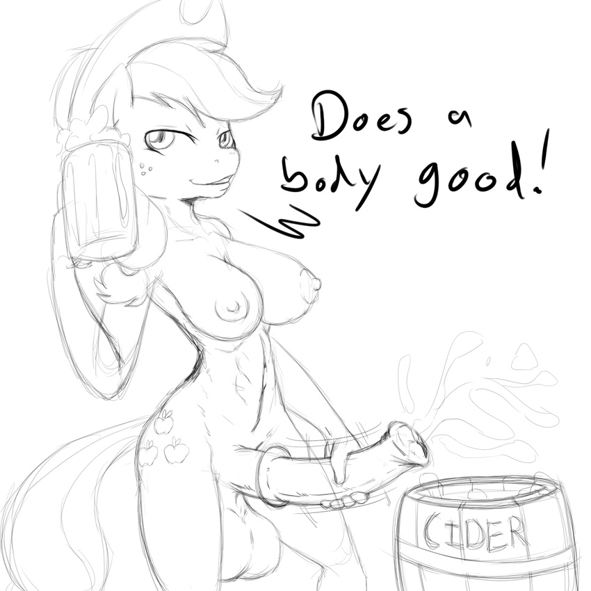 2016 animal_genitalia animal_penis anthro anthrofied applejack_(mlp) areola balls barrel breasts cider cowboy_hat cum cup cutie_mark dialogue dickgirl english_text equine equine_penis erection friendship_is_magic hat intersex mammal my_little_pony nipples penis poprocks solo text