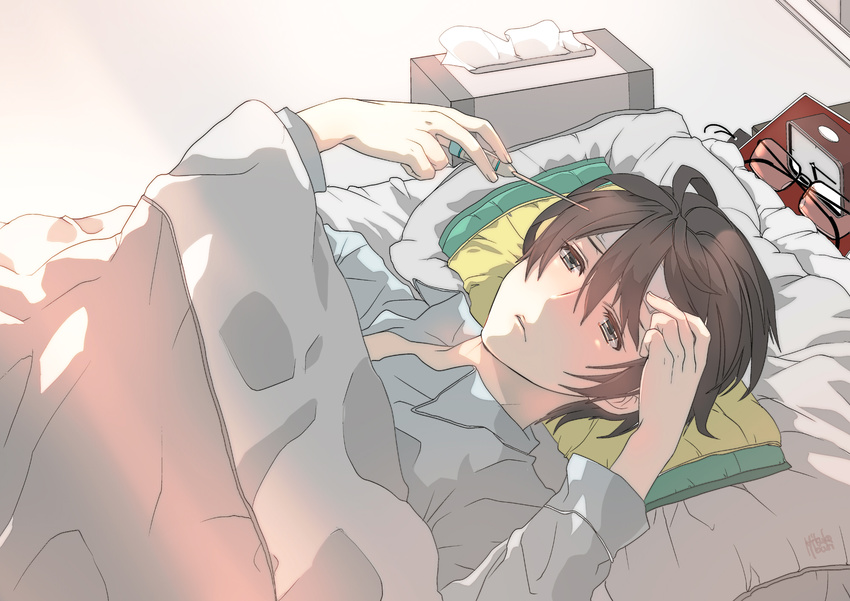 alarm_clock bangs black_hair clock eyewear_removed futon glasses grey_eyes highres hiyama_kiyoteru lips male_focus mouri parted_lips pillow sick signature solo swept_bangs thermometer tissue under_covers vocaloid