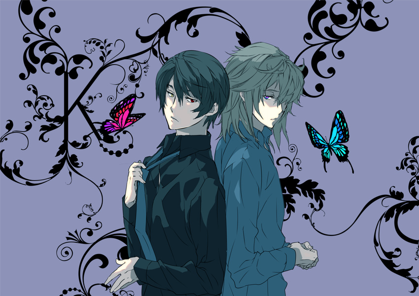 back-to-back blue_neckwear bug butterfly hands_together heterochromia highres hiyama_kiyoteru insect kyo_(vocaloid) magnet_(vocaloid) male_focus mouri multiple_boys necktie no_eyewear parted_lips purple_background purple_eyes red_eyes simple_background undone_necktie vocaloid yellow_eyes zola_project