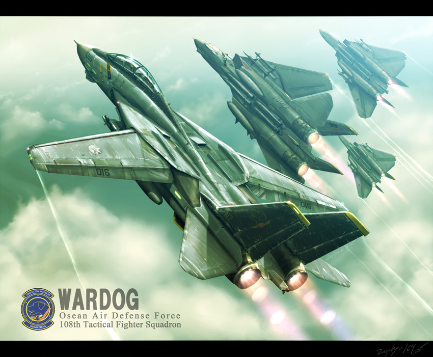 ace_combat_5 afterburner aim-54_phoenix aim-7_sparrow aim-9_sidewinder aircraft airplane cloud cloudy_sky commentary_request condensation_trail drop_tank emblem f-14_tomcat fighter_jet glint highres jet military military_vehicle pilot signature sky wardog_squadron zephyr164