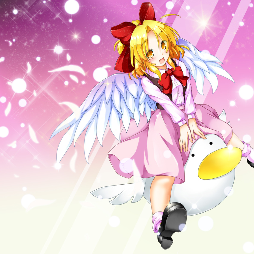 :d aka_tawashi black_footwear black_vest blonde_hair blush bobby_socks bow bowtie commentary_request dress_shirt feathered_wings feathers full_body gengetsu hair_bow hair_intakes highres long_sleeves looking_at_viewer open_clothes open_mouth open_vest pink_legwear pink_shirt pink_skirt puffy_long_sleeves puffy_sleeves red_bow red_neckwear riding shirt shoes short_hair skirt skirt_set smile socks solo touhou touhou_(pc-98) v_arms vest white_wings wings yellow_eyes