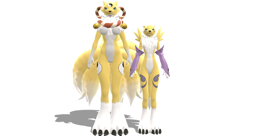 2016 3d_(artwork) alpha anthro antrum armor belly black_sclera blue_eyes boots breasts bridal_gauntlets canine clothing digimon digital_media_(artwork) featureless_crotch female footwear fox fur gauntlets gloves grey_background hector2689 kyubimon lock mammal mmd mostly_nude nipple_bulge nude renamon simple_background single totem visor white_belly white_fur yellow_fur