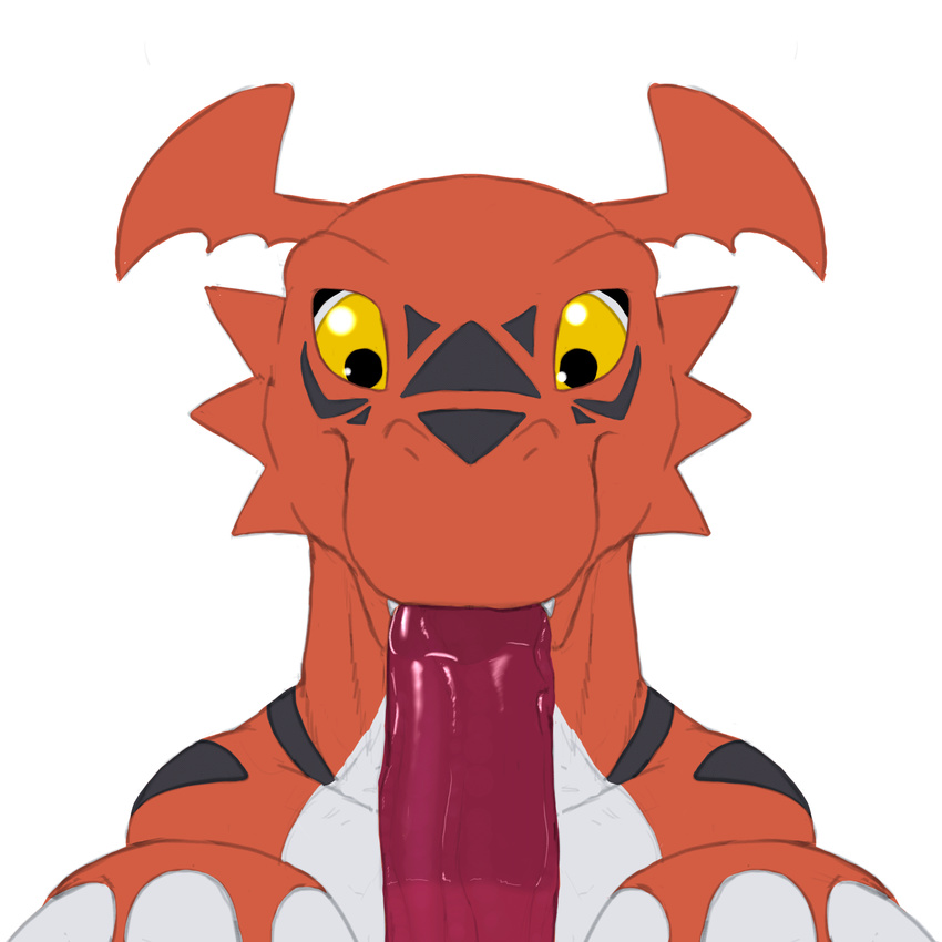 2016 ambiguous_gender animated balls digimon duo fellatio feral fin guilmon hi_res male oral penis scalie sex simple_background white_background xanthor yellow_eyes