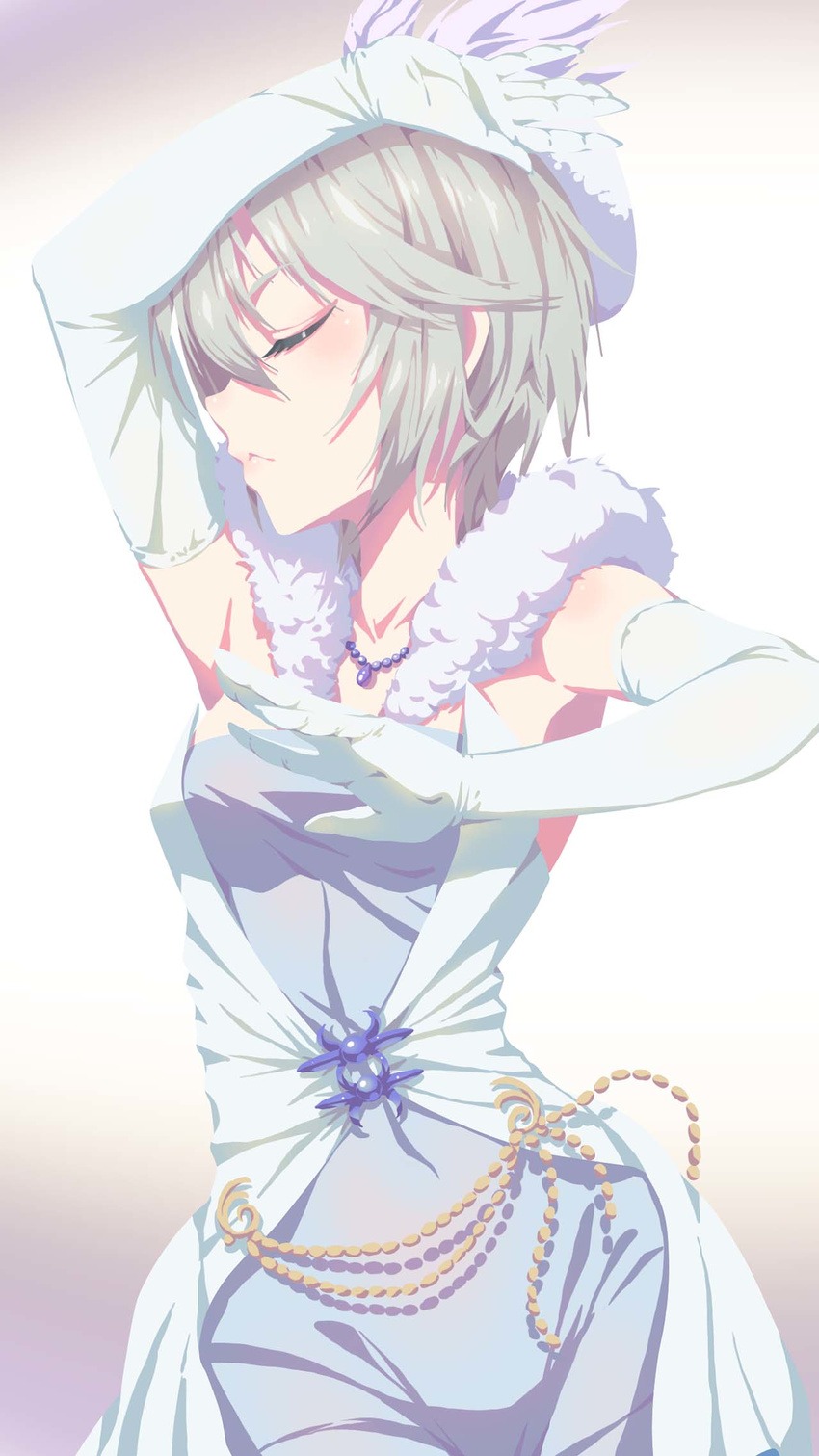 anastasia_(idolmaster) arm_up armpits bangs beads breasts closed_mouth cowboy_shot dancing elbow_gloves eyelashes formal fur_trim gloves gradient gradient_background hair_ornament highres idolmaster idolmaster_cinderella_girls jewelry madyy necklace profile pure_white_memories short_hair silver_hair small_breasts solo white_gloves