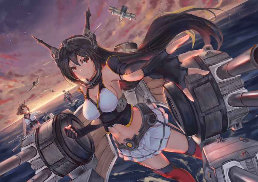 aircraft airplane biplane black_hair black_skirt blonde_hair breasts brown_hair cleavage fingerless_gloves foreshortening garter_straps gloves graf_zeppelin_(kantai_collection) hair_between_eyes hat headgear kakumayu kantai_collection large_breasts light_smile long_hair looking_at_viewer machinery midriff miniskirt multiple_girls mutsu_(kantai_collection) nagato_(kantai_collection) navel ocean pantyhose peaked_cap reaching_out red_eyes short_hair skirt sky sunset thighhighs turret white_skirt zettai_ryouiki