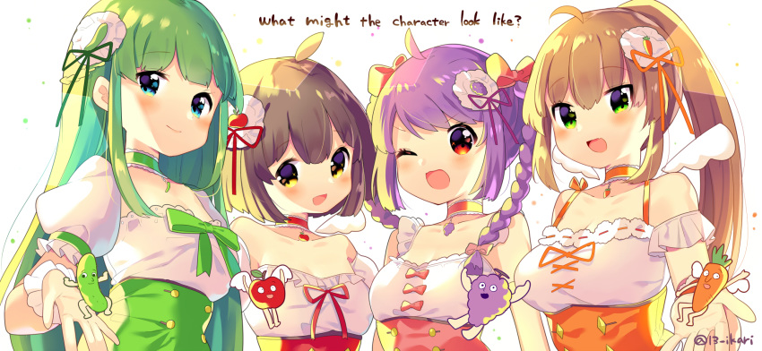 4girls :d ;d apple bangs bare_shoulders blue_eyes blush bow braid breasts brown_eyes brown_hair carrot closed_mouth collarbone commentary_request cucumber detached_sleeves english_text eyebrows_visible_through_hair fang food fruit grapes green_bow green_eyes green_hair green_ribbon hair_between_eyes hair_bow hair_ribbon high_ponytail highres ikari_(aor3507) light_brown_hair long_hair medium_breasts multiple_girls one_eye_closed open_mouth orange_ribbon original personification ponytail puffy_short_sleeves puffy_sleeves purple_hair red_apple red_bow red_eyes red_ribbon ribbon shirt short_sleeves simple_background small_breasts smile twin_braids twintails underbust upper_body very_long_hair white_background white_shirt white_sleeves