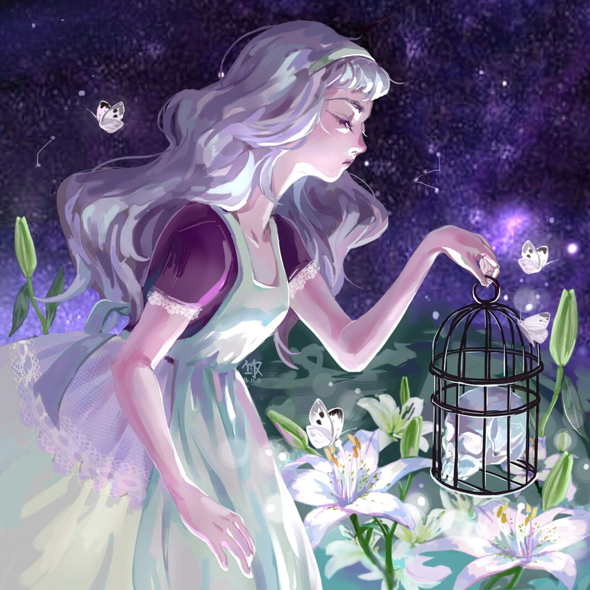 birdcage blurry blurry_background bug butterfly cage closed_eyes dress flower hairband insect lily_(flower) long_hair night night_sky outdoors profile skull sky solo standing taketori white_dress white_hair