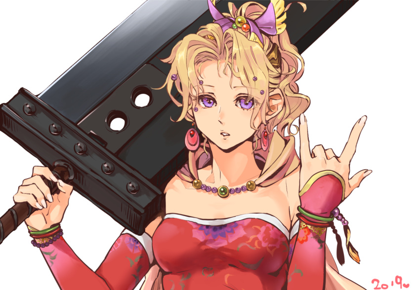 1girl \m/ beads blonde_hair bracelet breasts buster_sword dated detached_sleeves dress earrings eyebrows_visible_through_hair final_fantasy final_fantasy_vi final_fantasy_vii hair_beads hair_ornament heart holding holding_sword holding_weapon jewelry medium_breasts parted_lips purple_eyes simple_background solo strapless strapless_dress sword tina_branford umichicken upper_body weapon white_background
