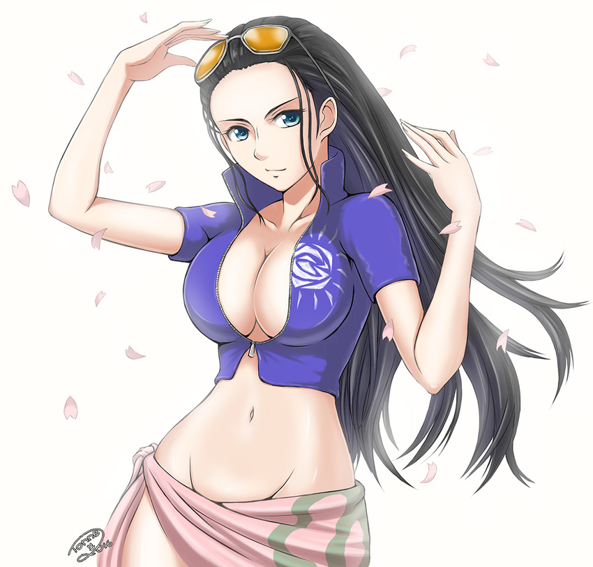 arms_up artist_name black_hair bloom blue_eyes breasts cleavage collarbone dated eyewear_on_head floral_print groin hair_slicked_back high_collar large_breasts light_smile long_hair looking_at_viewer midriff navel nico_robin one_piece partially_unzipped petals short_sleeves simple_background solo stomach sunglasses tonnelee upper_body vest white_background