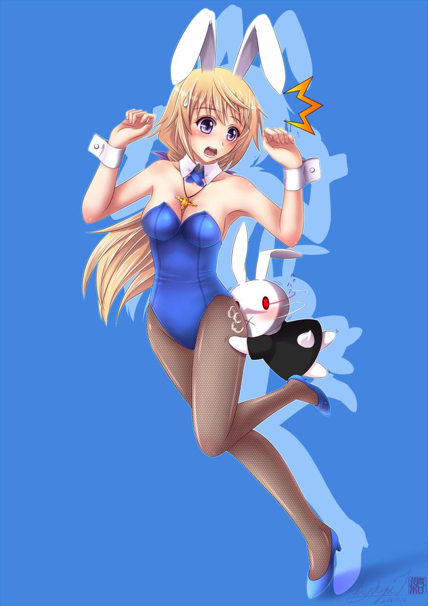 1girl :x animal_ears arms_up blonde_hair blue_leotard bunny bunny_ears bunny_tail bunnysuit charlotte_dunois crossover detached_collar fishnet_pantyhose fishnets highres hug infinite_stratos jewelry kiyokazu leotard long_hair miffy miffy_(character) necklace open_mouth pantyhose pendant purple_eyes ribbon surprised tail wrist_cuffs