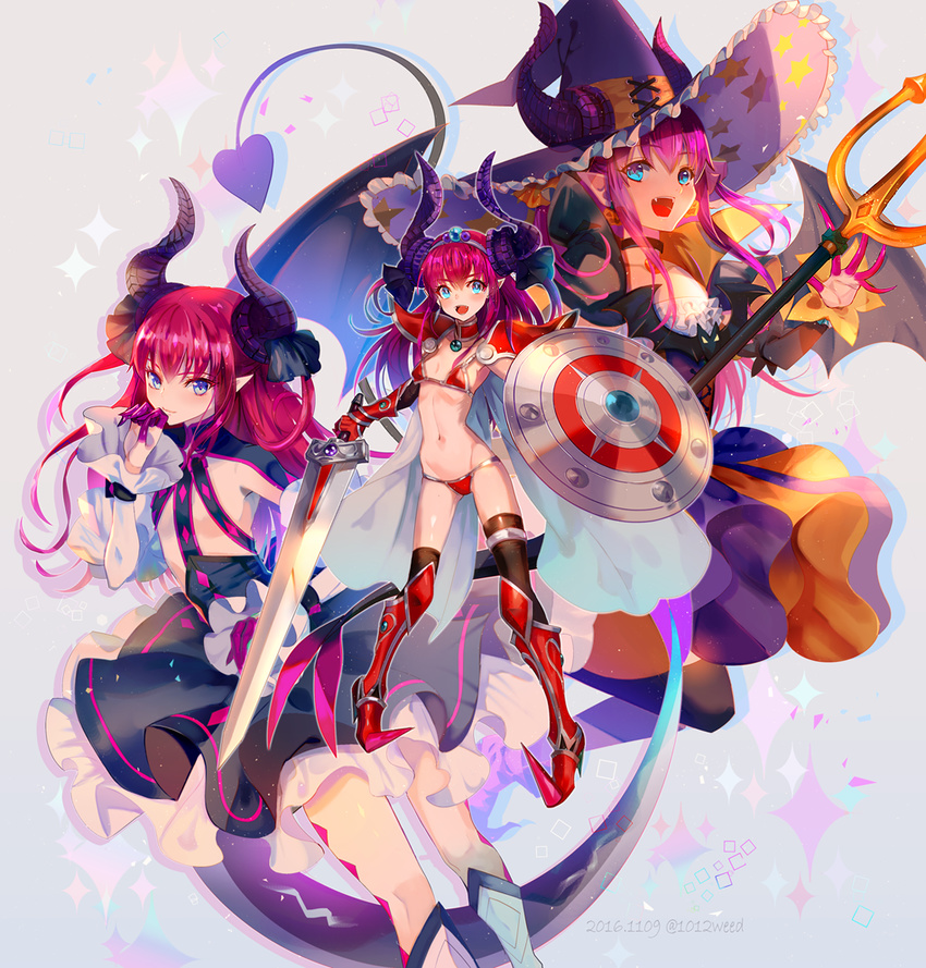 :d armor bikini_armor black_legwear blue_eyes dragon_horns dragon_tail elizabeth_bathory_(brave)_(fate) elizabeth_bathory_(fate) elizabeth_bathory_(fate)_(all) elizabeth_bathory_(halloween)_(fate) fate/extra fate/extra_ccc fate/grand_order fate_(series) hat high_heels holding holding_shield holding_sword holding_weapon horns long_hair loose_bikini multiple_girls navel open_mouth pitchfork pointy_ears purple_hair shield shoulder_armor smile sword tail thighhighs tiara weapon weed_(astarone) wings witch_hat