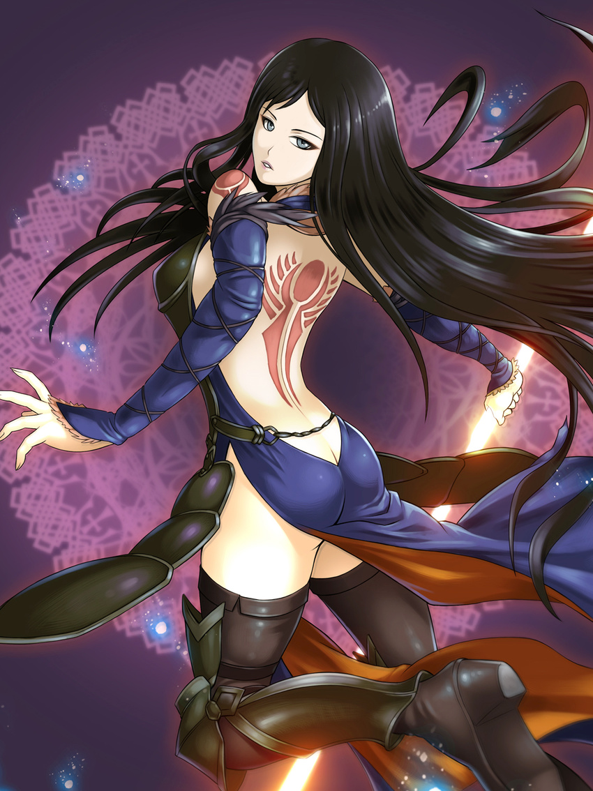 1girl armor armored_dress ass back_tattoo bare_shoulders black_hair blue_eyes boots breastplate bridal_gauntlets butt_crack castlevania castlevania:_order_of_ecclesia from_behind konami long_hair looking_back moon parted_lips rakusai_(saisai_garou) rakutoki shanoa skirt tattoo torn_clothes torn_skirt underwear