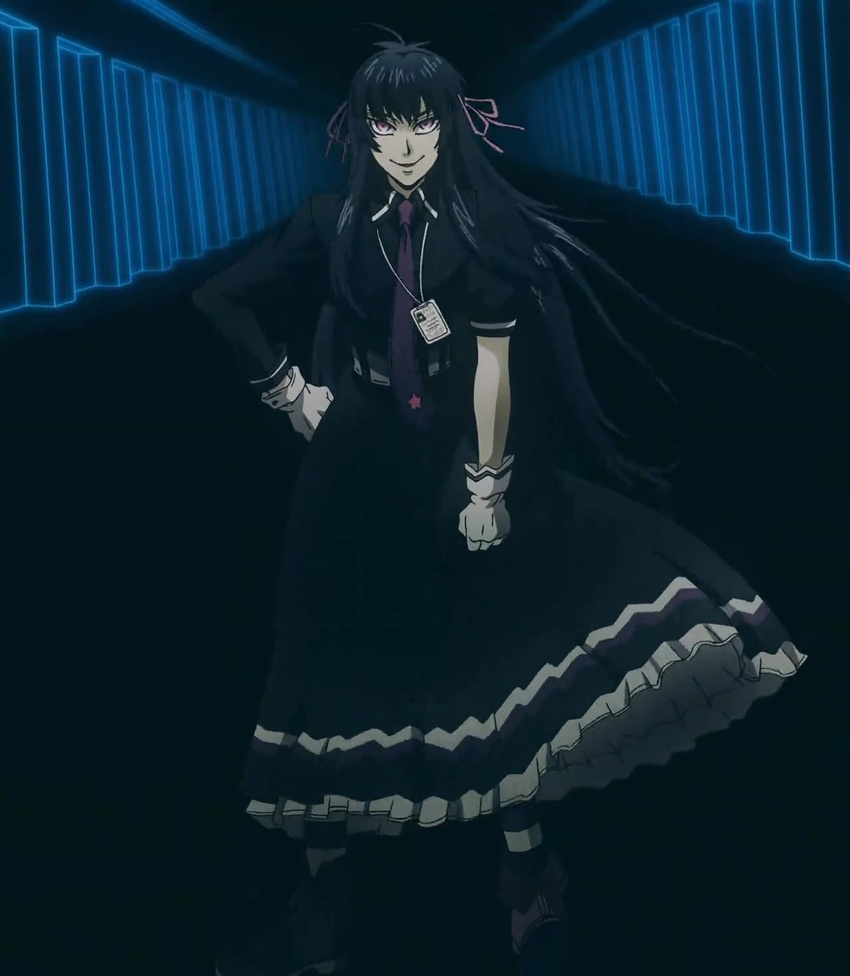 black_dress black_hair drifters easy_(drifters) frilled_dress frills gloves id_card long_hair necktie short_sleeves star stitched striped_legwear uneven_sleeves white_gloves