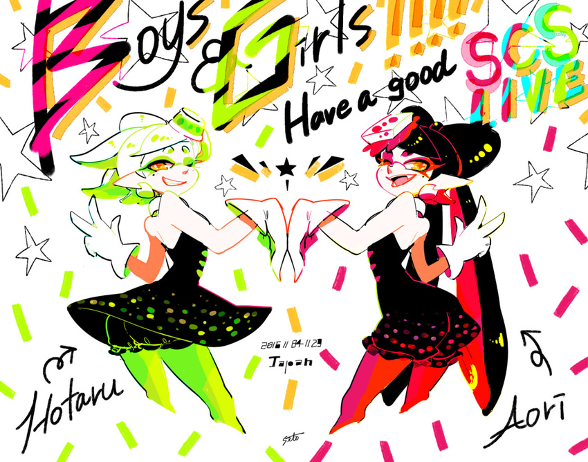 +_+ 2girls aori_(splatoon) arrow artist_name black_hair brown_eyes character_name confetti cousins cowboy_shot dated detached_collar domino_mask dress english fangs food food_on_head from_behind gloves green_legwear grin long_hair looking_at_viewer looking_back mask mole mole_under_eye multiple_girls object_on_head one_eye_closed pointy_ears pumpkin_pants purple_legwear seto_(asils) short_dress short_hair short_jumpsuit shorts_under_dress signature smile standing star strapless strapless_dress sushi symmetrical_hand_pose tentacle_hair w white_gloves white_hair