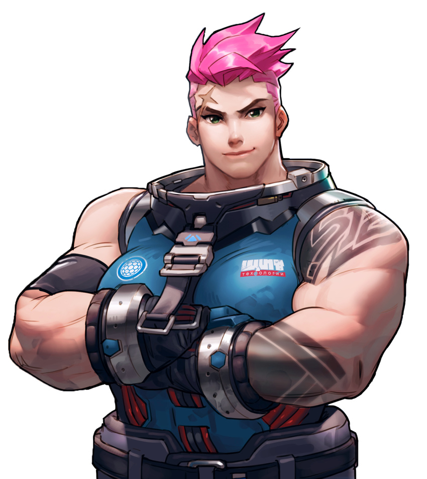 1girl female gloves green_eyes muscle overwatch pink_hair scar solo zarya_(overwatch)