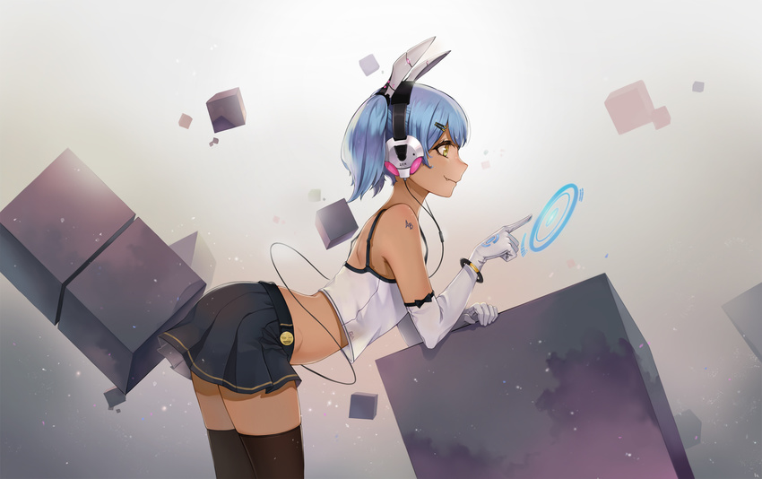 aliceblue blue_hair bow elbow_gloves gloves headphones original short_hair skirt tattoo