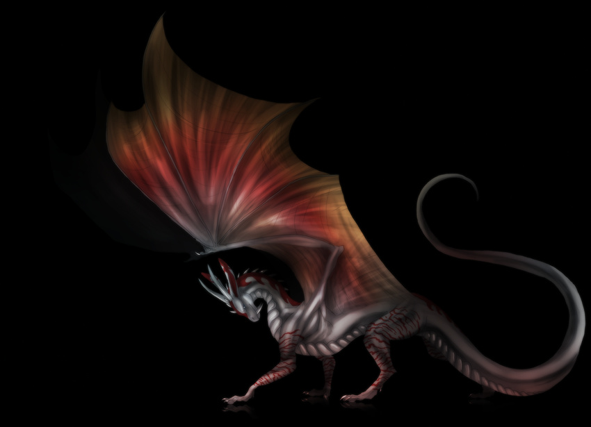 ambiguous_gender claws digital_media_(artwork) dragon fangs gradient_skin grey_skin isvoc membranous_wings nude solo spread_wings standing wings