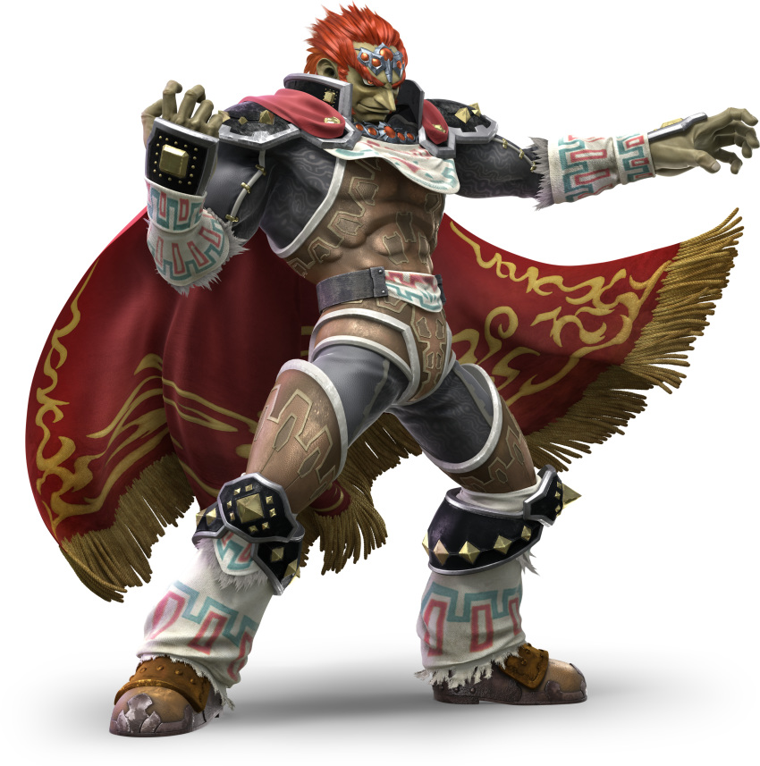 1boy absurdres armor cape dark_skin earrings full_body ganondorf gerudo highres jewelry male_focus nintendo official_art pointy_ears red_hair short_hair simple_background smile solo super_smash_bros. super_smash_bros._ultimate the_legend_of_zelda the_legend_of_zelda:_ocarina_of_time white_background