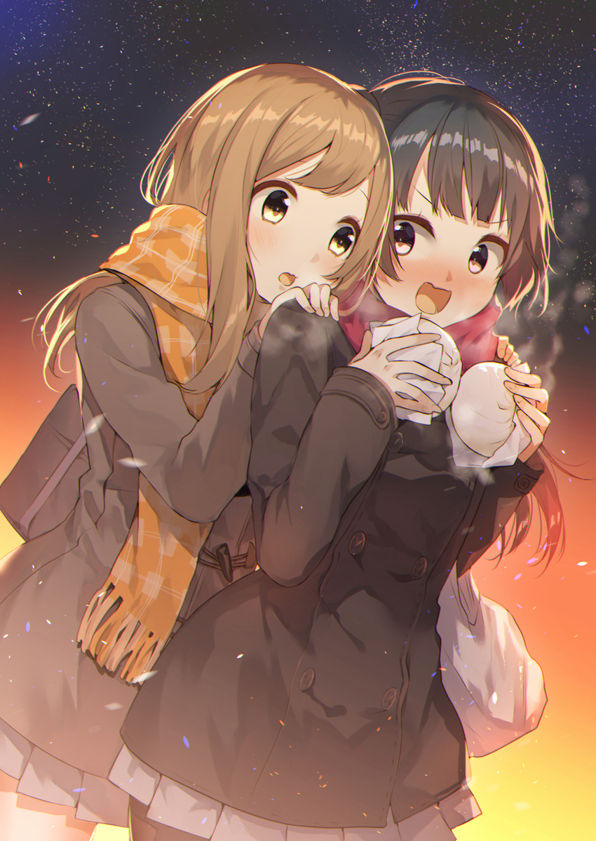 :d bag bangs baozi bare_legs black_coat black_hair blush brown_coat brown_eyes brown_hair buttons chromatic_aberration coat cowboy_shot double-breasted dutch_angle food fringe_trim gradient grey_coat hands_on_another's_shoulders highres holding holding_food itohana kunikida_hanamaru light_brown_hair light_particles long_hair long_sleeves looking_at_another looking_to_the_side love_live! love_live!_sunshine!! miniskirt multiple_girls open_mouth orange_scarf outdoors pantyhose plastic_bag pleated_skirt red_scarf scarf school_bag school_uniform shoulder_bag skirt sky smile standing star_(sky) starry_sky steam surprised tsushima_yoshiko twilight v-shaped_eyebrows wavy_mouth winter_clothes winter_coat yuri