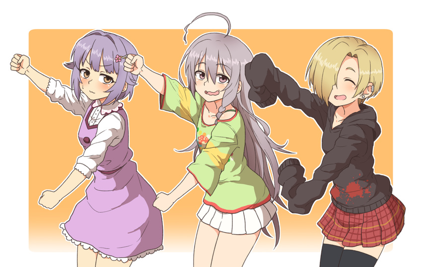 ahoge black_legwear blonde_hair blood blood_stain bra_strap braid commentary_request dress ear_piercing embarrassed eyebrows eyebrows_visible_through_hair gazacy_(dai) grey_hair hair_ornament hairclip happy hood hoodie hoshi_shouko idolmaster idolmaster_cinderella_girls kawaii_boku_to_142's koshimizu_sachiko long_hair long_sleeves looking_at_viewer multiple_girls piercing plaid plaid_skirt purple_hair shirasaka_koume short_hair simple_background single_braid skirt sleeves_past_wrists smile the_monkey thighhighs very_long_hair very_long_sleeves wavy_mouth