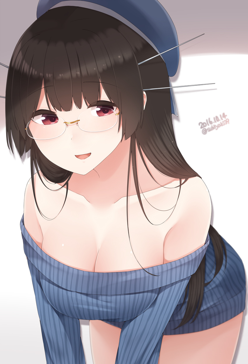 2016 :d absurdres bangs bare_shoulders bent_over beret black_hair blue_hat blue_sweater blush breasts brown_hair casual choukai_(kantai_collection) cleavage collarbone cowboy_shot dated eyebrows eyebrows_visible_through_hair glasses hat highres kantai_collection long_hair long_sleeves looking_at_viewer medium_breasts off-shoulder_sweater open_mouth red_eyes ribbed_sweater rimless_eyewear shade smile solo sweater twitter_username white_background yukichi_(sukiyaki39)