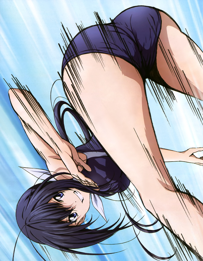 absurdres artist_request ass black_hair blue_eyes grin hair_ribbon highres kaminashi_nozomi keijo!!!!!!!! long_hair looking_back official_art ribbon smile solo swimsuit