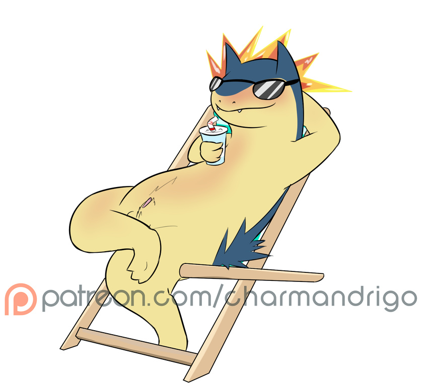 2016 anthro beverage chair charmandrigo eyewear feral fur male mammal nintendo nude penis pok&eacute;mon relaxing solo sunglasses typhlosion video_games