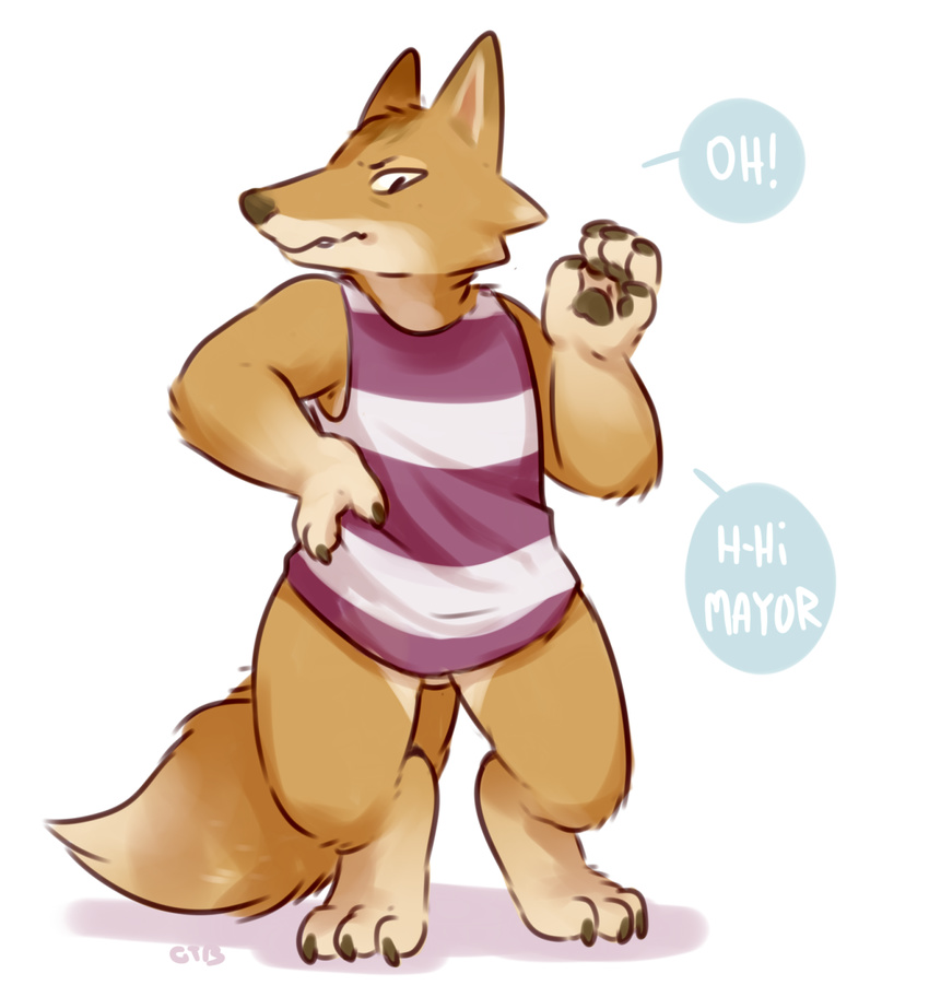 animal_crossing anthro barefoot bottomless canine chief_(animal_crossing) clothed clothing dialogue digitigrade fox glitter_trap_boy male mammal nintendo pawpads signature solo speech_bubble talking_to_viewer video_games waving
