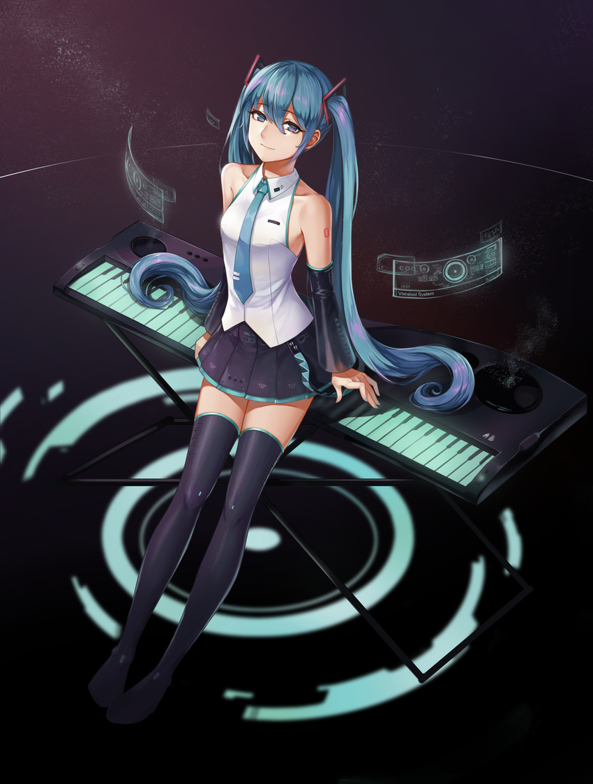 absurdres aliceblue bad_id bad_pixiv_id bare_shoulders black_legwear blue_eyes blue_hair detached_sleeves hair_between_eyes hatsune_miku highres holographic_interface instrument keyboard_(instrument) long_hair looking_at_viewer necktie pleated_skirt sitting skirt smile solo tattoo thighhighs twintails very_long_hair vocaloid zettai_ryouiki