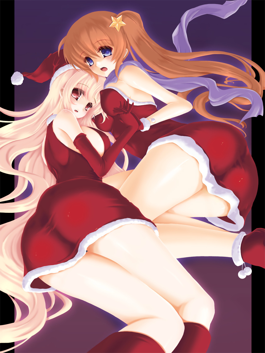 alternate_costume blonde_hair blush christmas couple fate_testarossa frapowa highres legs long_hair lyrical_nanoha mahou_shoujo_lyrical_nanoha mahou_shoujo_lyrical_nanoha_strikers multiple_girls orange_hair santa takamachi_nanoha thighs very_long_hair yuri