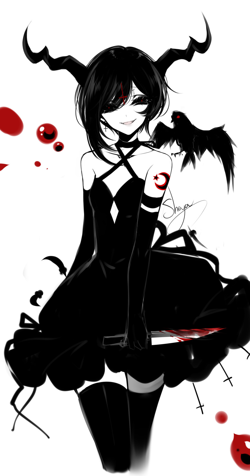 1girl absurdres artist_name bangs bird black_choker black_dress black_gloves black_hair black_legwear black_sclera blood bloody_knife bloody_weapon breasts choker collarbone commentary constricted_pupils cowboy_shot crescent criss-cross_halter demon_horns dress elbow_gloves eve_(the_binding_of_isaac) fangs feathers gloves hair_between_eyes halterneck highres holding holding_knife holding_weapon horns knife limited_palette open_mouth red_eyes reverse_grip sheya short_hair shoulder_tattoo signature simple_background small_breasts smile solo spot_color star symbol_commentary tattoo the_binding_of_isaac thighhighs thighs weapon white_background zettai_ryouiki