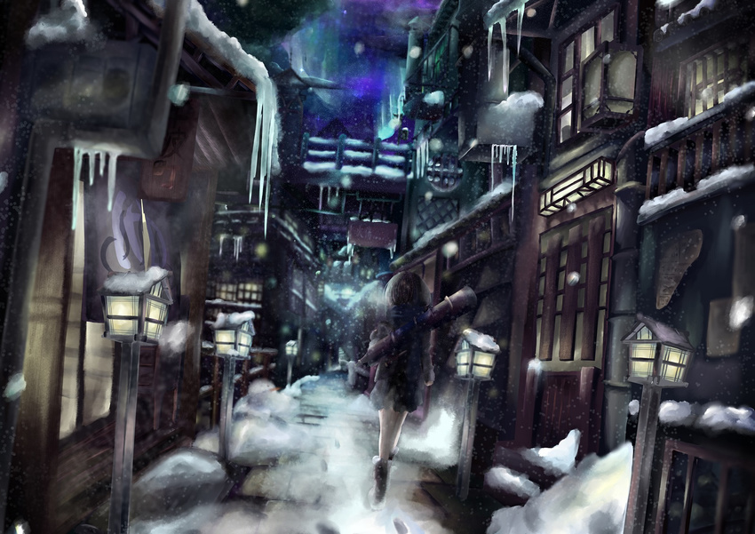 blurry city dark depth_of_field door dutch_angle fantasy from_behind highres icicle night original rene road scarf scenery skirt snow snowing solo stone_lantern street telescope vanishing_point walking