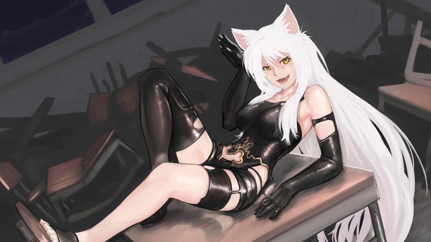 animal_ears asymmetrical_legwear bakemonogatari barefoot black_gloves black_hanekawa black_legwear cat_ears cat_girl cosplay desk elbow_gloves fang gloves hanekawa_tsubasa highres long_hair looking_at_viewer monogatari_(series) nier_(series) nier_automata night open_mouth paintrfiend ruins school_desk single_thighhigh slit_pupils smile solo thighhighs white_hair yellow_eyes yorha_type_a_no._2 yorha_type_a_no._2_(cosplay)